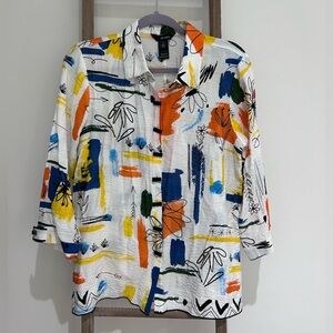 Ali Miles Artsy Abstract Vintage Colorful Relaxed 3/4 sleeve Shirt Women’s SizeM
